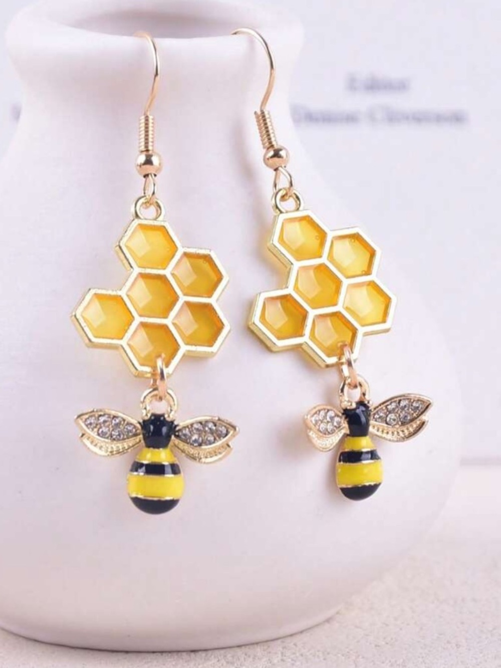 Yellow Bee & Honeycomb Drop Earrings